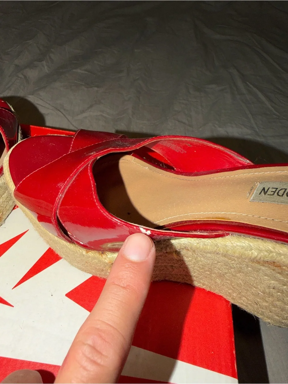 Steve Madden Platform Wedge Sandals Shiny Red & Wilma Natural straw Wicker